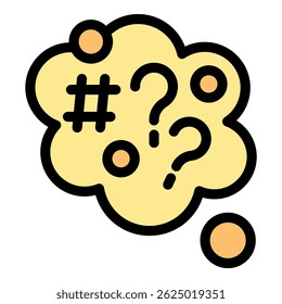 Yellow thought bubble filled with hashtags and question marks, symbolizing confusion and uncertainty on social media platforms