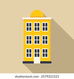 Yellow three story apartment building with multiple windows and a single door is casting a long shadow