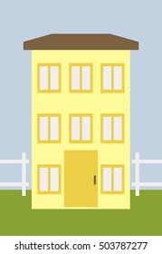 Yellow three-story house. Vector flat illustration. 