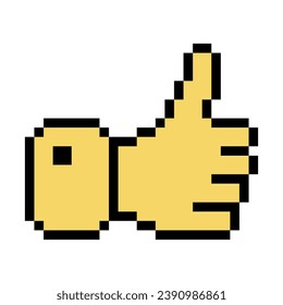 Yellow thumbs up line icon. Gesture, approval, like, emoji, chat, communication, emotions, pixel style. Multicolored icon on white background