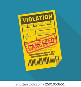 Yellow ticket with a stamp mark "cancelled" in flat design style on a blue background with long shadow