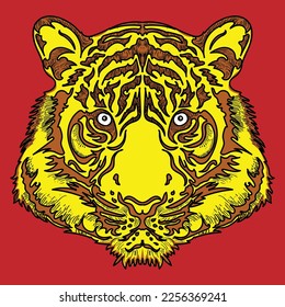 yellow tiger head vector illustration with red background for tattoo flash or logo 