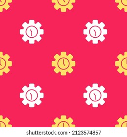 Yellow Time Management icon isolated seamless pattern on red background. Clock and gear sign. Productivity symbol.  Vector