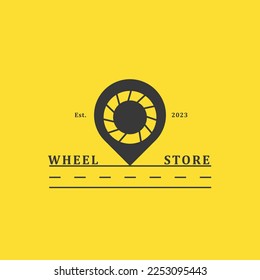 Yellow tire shop street logo. Tire pictogram silhouette, pin, tire ring. Suitable for automotive business icon.