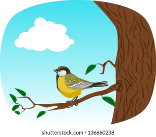 the yellow titmouse sits for a tree branch with leaves