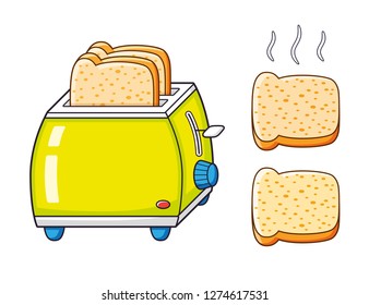 Yellow toaster with bread slices and hot toast isolated