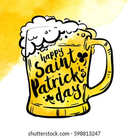 yellow Toby jug with beer and inscription on watercolor background. Calligraphy Happy St. Patrick's day, design element, sign, banner. Vector illustration.