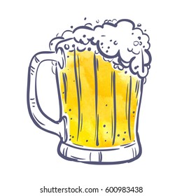 yellow Toby jug with beer on White background. symbol, design element, banner. Vector illustration.