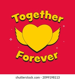 Yellow Together Forever Font With Heart Angel On Red Background.