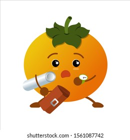 Yellow tomato on a white background. Late for work, in a hurry. a suitcase in a hand. Honey, Kawai. Scared. Watch on the hand. Papers under the arm. Flat design.
