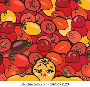 Yellow tomato with a smile on the background of other red, yellow, pink and black tomatoes. Cartoon