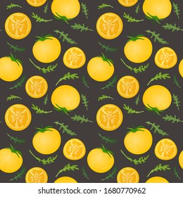 Yellow tomatoes on dark background. Tomato vegetable with arugula leaves. Vector illustration. Seamless pattern.