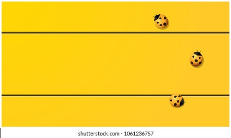 Yellow tone background with ladybugs on yellow wooden board , vector , illustration