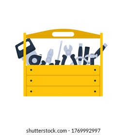 Yellow toolbox with instruments and hand tools inside