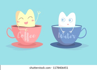 Yellow tooth in Cup of coffee, white tooth in  Cup of water Vector. Cartoon. Isolated art 