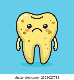 A yellow tooth with a sad face and darkening on the surface, an image for dental problems and caries.