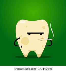 The yellow tooth is smoking. Isolated Vector Illustration