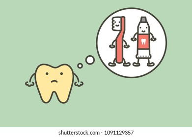 yellow tooth thinking of toothbrush and toothpaste, dental plaque - teeth cartoon vector flat style cute character for design