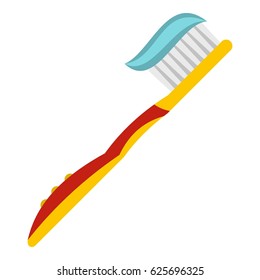 Yellow toothbrush with toothpaste icon. Flat illustration of toothbrush with toothpaste vector icon isolated on white background