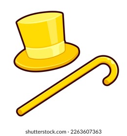 Yellow top hat and cane. Queima das Fitas (Portuguese for Ribbon Burning) traditional student festival symbols. Cartoon vector clip art illustration.