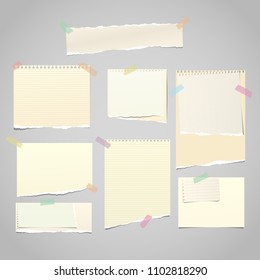 Yellow torn note, notebook paper pieces for text stuck with sticky tape on gray background. Vector illustration.