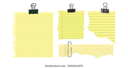 Yellow torn notebook paper collage with jagged sheets and stationery elements. Isolated set with binder and paper clip. Modern school and office supplies concept