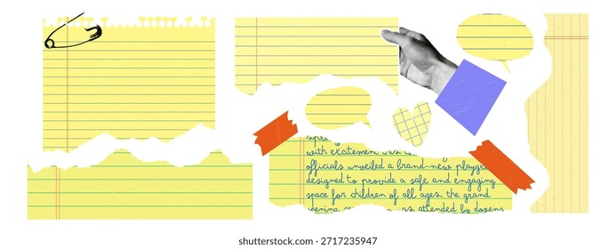 Colagem de papel de caderno rasgado amarelo com folhas forradas, pino de segurança, fita e mão de meio-tom. Elementos de papelaria escolar e de escritório isolados sobre fundo branco. Modelo moderno de scrapbooking e design digital