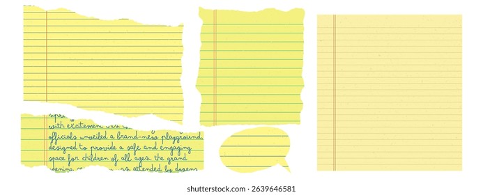 Yellow torn paper set for collage, banner, and creative digital design. Notebook sheet scraps with lines, cells, and rough edges