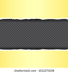 Yellow torn paper template with shadow on dark black transparent background