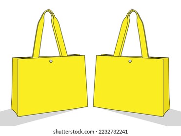 Yellow tote bag with snap button template on white background, vector file