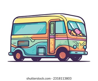 Yellow tour bus journey on flat icon isolated