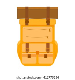 Yellow tourist backpack on a white background. Backpack isolate. Icon backpack for hiking. 