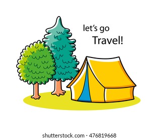 Yellow tourist tent in forest, camping illustration.