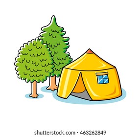 Yellow tourist tent and trees, camping illustration.