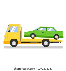 Yellow Tow Truck With Car. Towing Truck Delivers The Broken Car. Side View. Isolated 