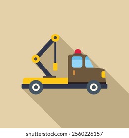 Yellow tow truck with crane is transporting broken car on light brown background, vector illustration in flat design with long shadow