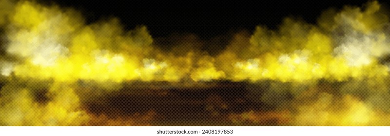 Yellow toxic smoke cloud with overlay effect on transparent background. Realistic haze of mystical atmospheric steam or condensation. Vector illustration of smoky mist or toxic vapor on floor.