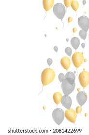 Yellow Toy Background White Vector. Helium Celebrate Template. Golden Shine Confetti. Air Realistic Frame.