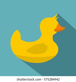 Yellow toy duck icon. Flat illustration of yellow toy duck vector icon for web   on baby blue background