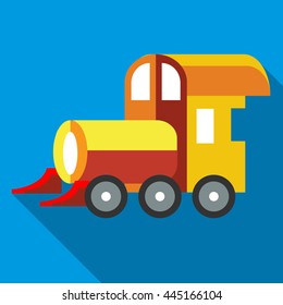 Yellow toy train icon in flat style on a sky blue background
