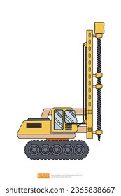 yellow Track Drilling Machine on white background. big heavy machinery equipment vehicle. Drilling Tractor flat construction and mining Industry car. Coloring Page Book Cartoon Isolated for Kids