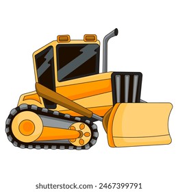 Yellow track-type tractor or bulldozer removing something, heavy equipment machine, snowplowing vehicle in cartoon style