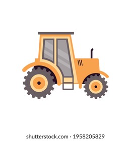 Yellow tractor or agrimotor machine side view, flat vector illustration isolated on white background. Agriculture farm machinery for field agronomic works.