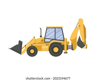 Yellow tractor with backhoe isolated on transparent white background. Vector flat design illustration. Side view.