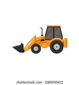 Yellow tractor with bucket. Front-end loader. Heavy machine used in construction works. Flat vector design