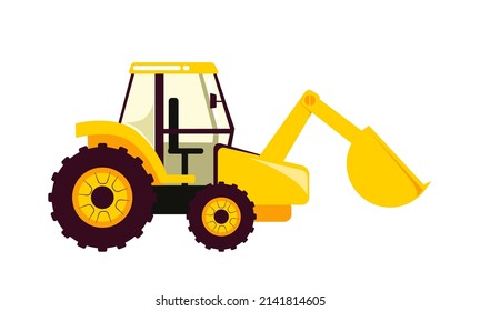 Yellow tractor with bucket. Vector illustration in cartoon flat style isolated on white background