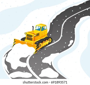 Yellow tractor cleans road from snow.