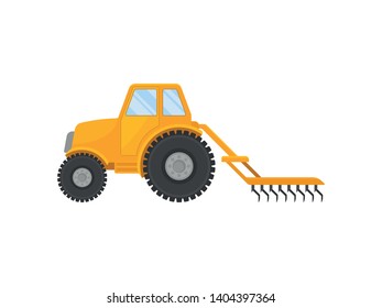 Yellow tractor with a closed cab and a plow. Vector illustration on white background.