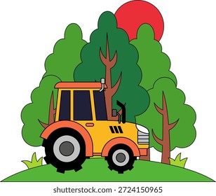 Ein gelber Traktor fährt durch ein Feld