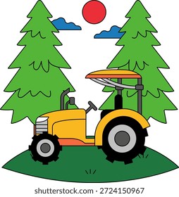 Ein gelber Traktor ist auf einem Feld